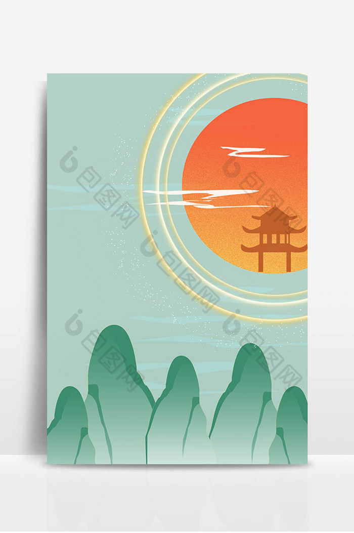 绿色中国风山水插画背景