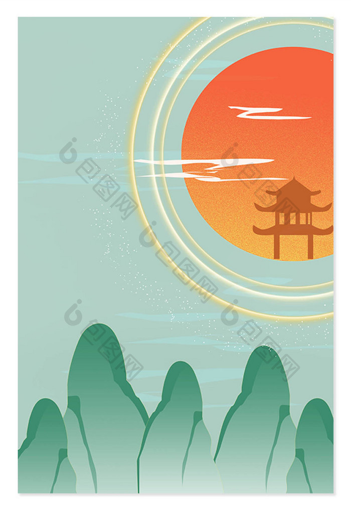 绿色中国风山水插画背景