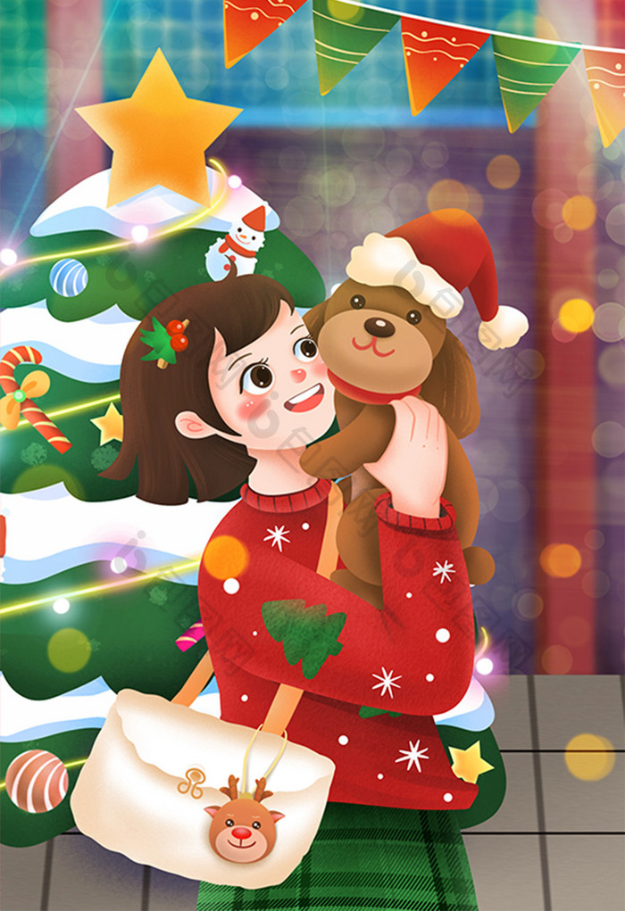 喜庆热闹圣诞打扮的女孩和狗狗插画
