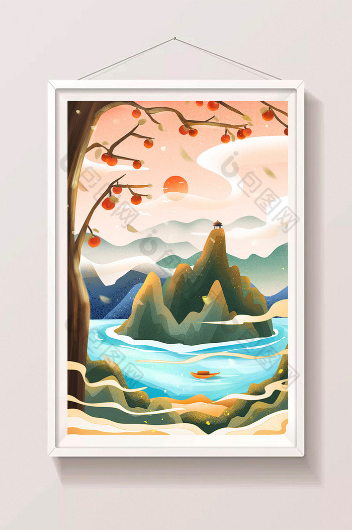 自然新中式秋天柿子树环岛山水风景插画图片图片