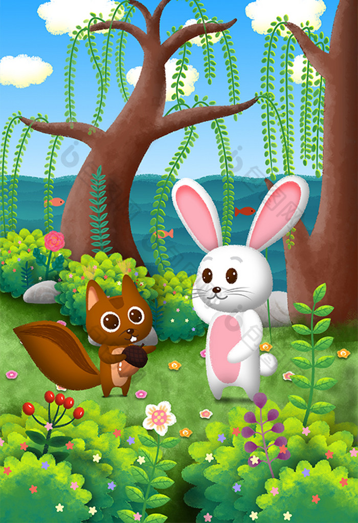 植物花草小动物兔子松鼠插画图片