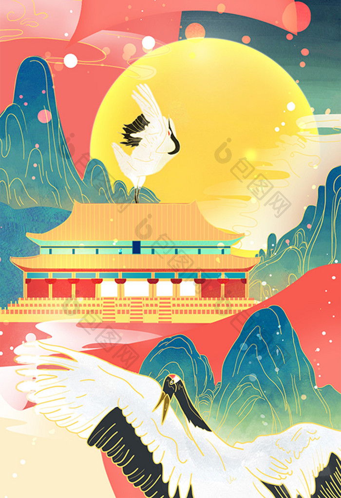 风光建筑中国风天一阁与鹤山水画卷插画