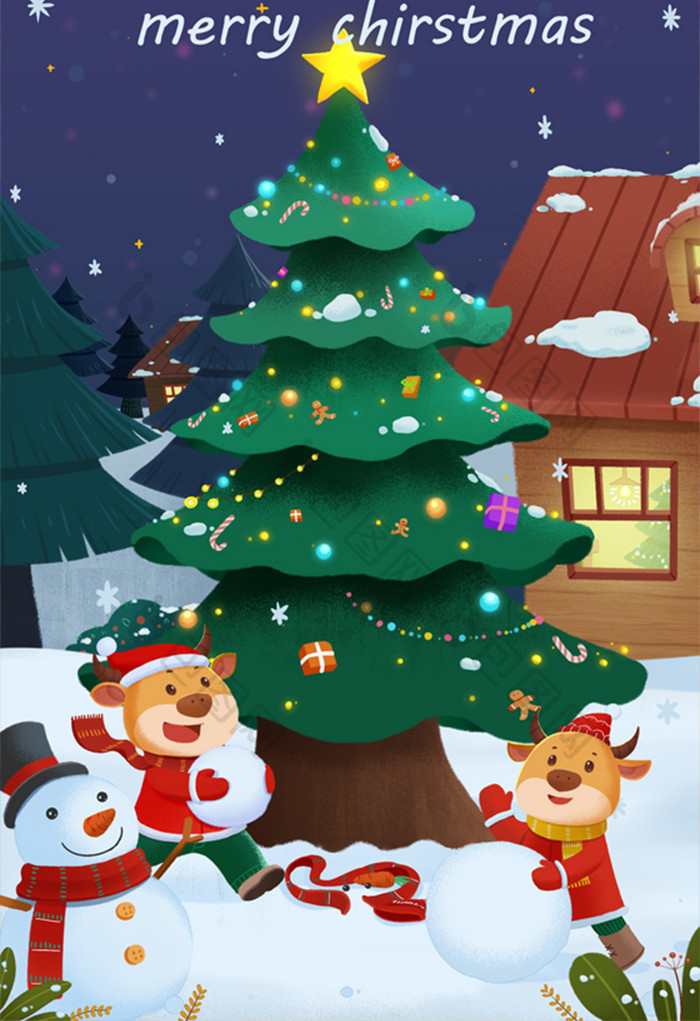 牛年2021圣诞节平安夜圣诞树雪人插画