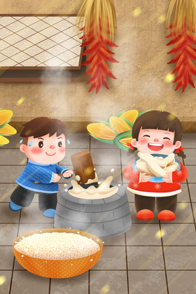 温馨冬天冬季过年习俗做年糕插画