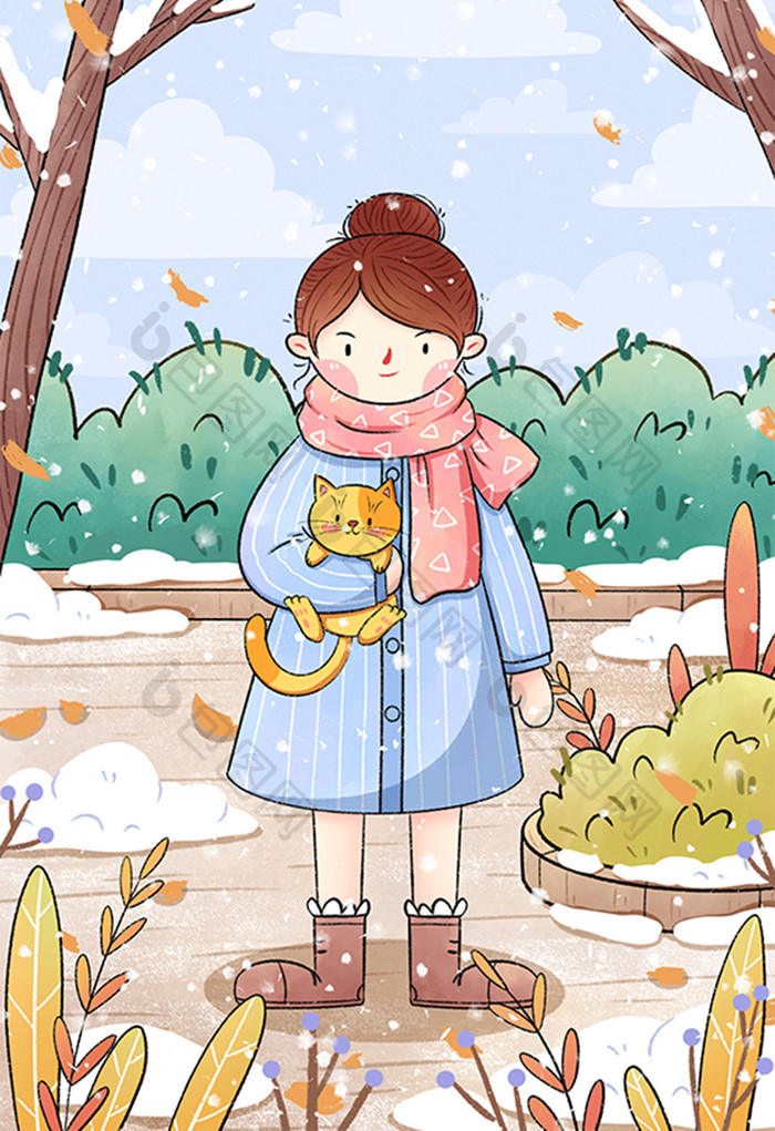 小雪大雪节气抱着猫咪的女孩插画