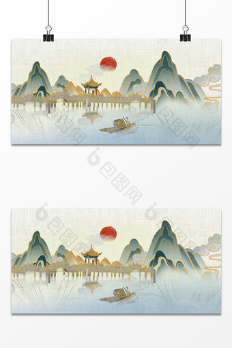 古风民族传统中华刺绣远山近水小桥背景图片