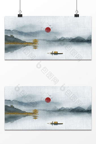 古风民族传统中华刺绣山水小舟背景图片
