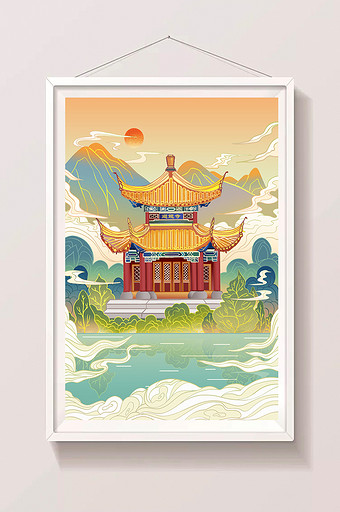 黄色国潮寺庙风景插画图片