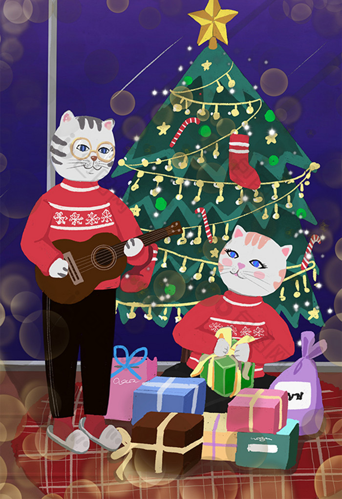 温馨浪漫风猫先生与猫太太的圣诞节插画