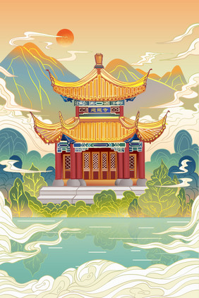 黄色国潮寺庙风景插画