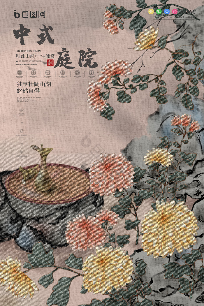 古风刺绣菊花图中式庭院房地产展板图片