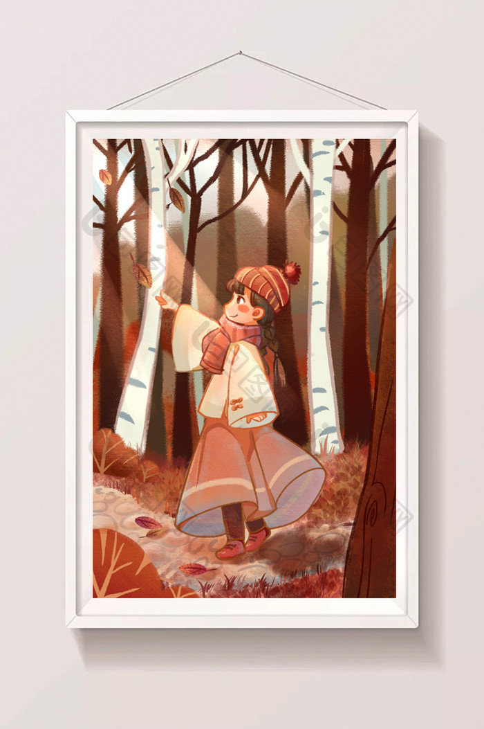 黄色深秋小女孩在树林散步插画