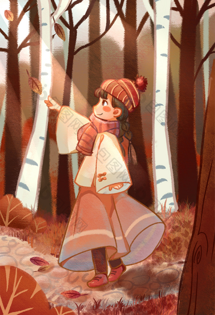 黄色深秋小女孩在树林散步插画