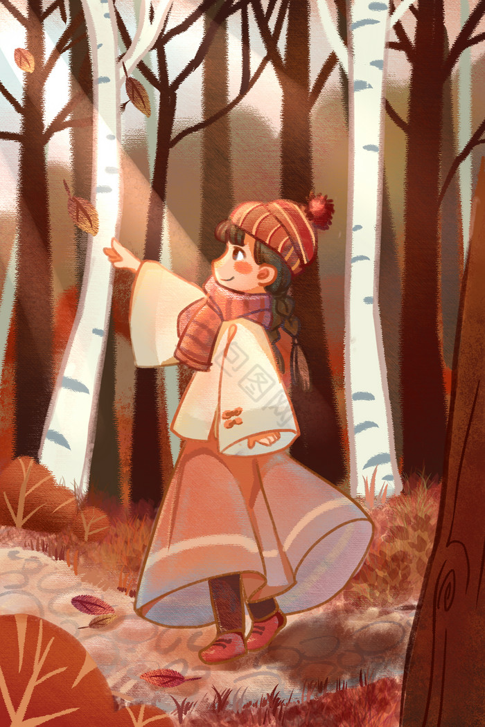 深秋小女孩在树林散步插画图片