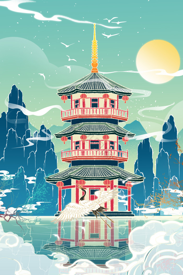 古风绳金塔建筑风景插画