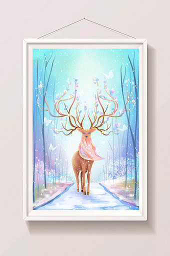 唯美清新冬日雪地的麋鹿插画图片