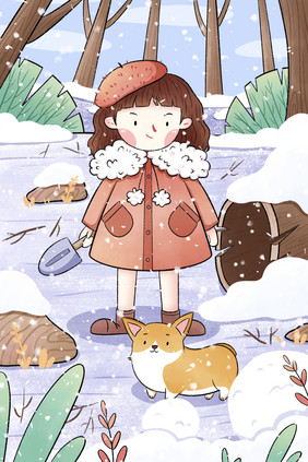 清新立冬小雪节气小女孩插画