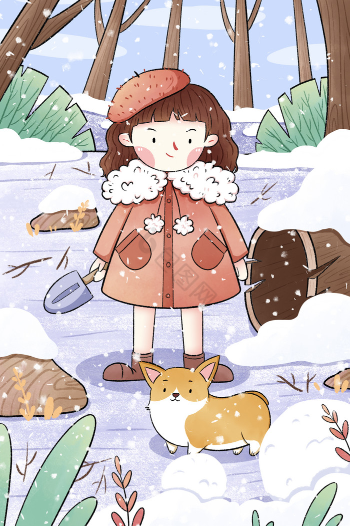 立冬小雪节气小女孩插画图片