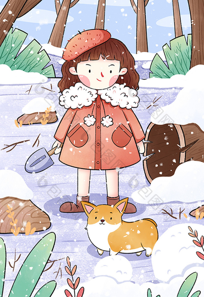 清新立冬小雪节气小女孩插画