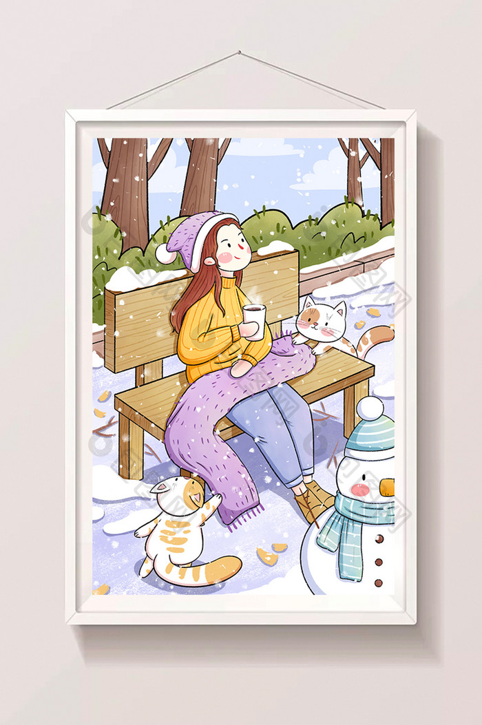 小雪大雪节气女孩与猫咪手绘插画