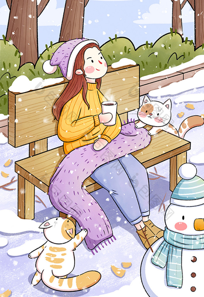 小雪大雪节气女孩与猫咪手绘插画