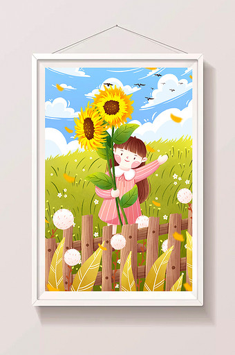 清新手绘女孩拿着向日葵插画图片