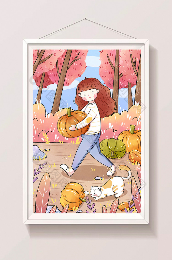 秋天女孩抱着南瓜插画图片图片