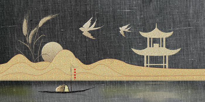 古风民族中华刺绣山水小船图片