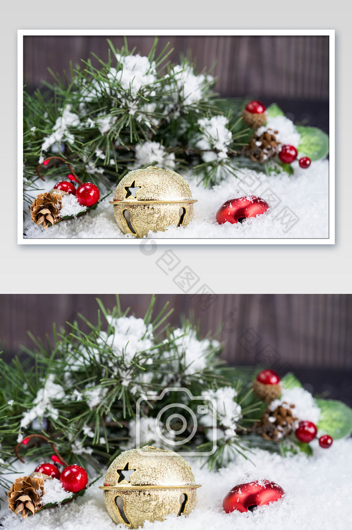 圣诞节雪花上的金色铃铛图片图片
