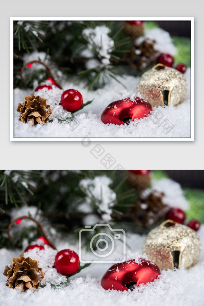 圣诞铃铛和松果摄影图