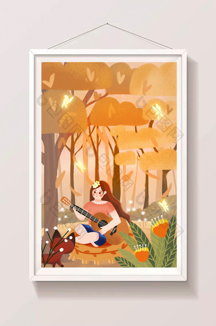 自然秋天弹吉它女孩插画秋季红叶插画图片图片