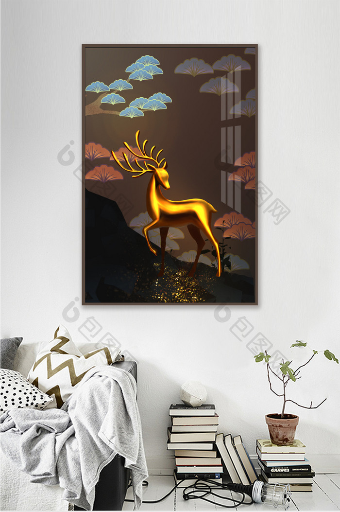 新中式银杏叶鎏金麋鹿装饰画