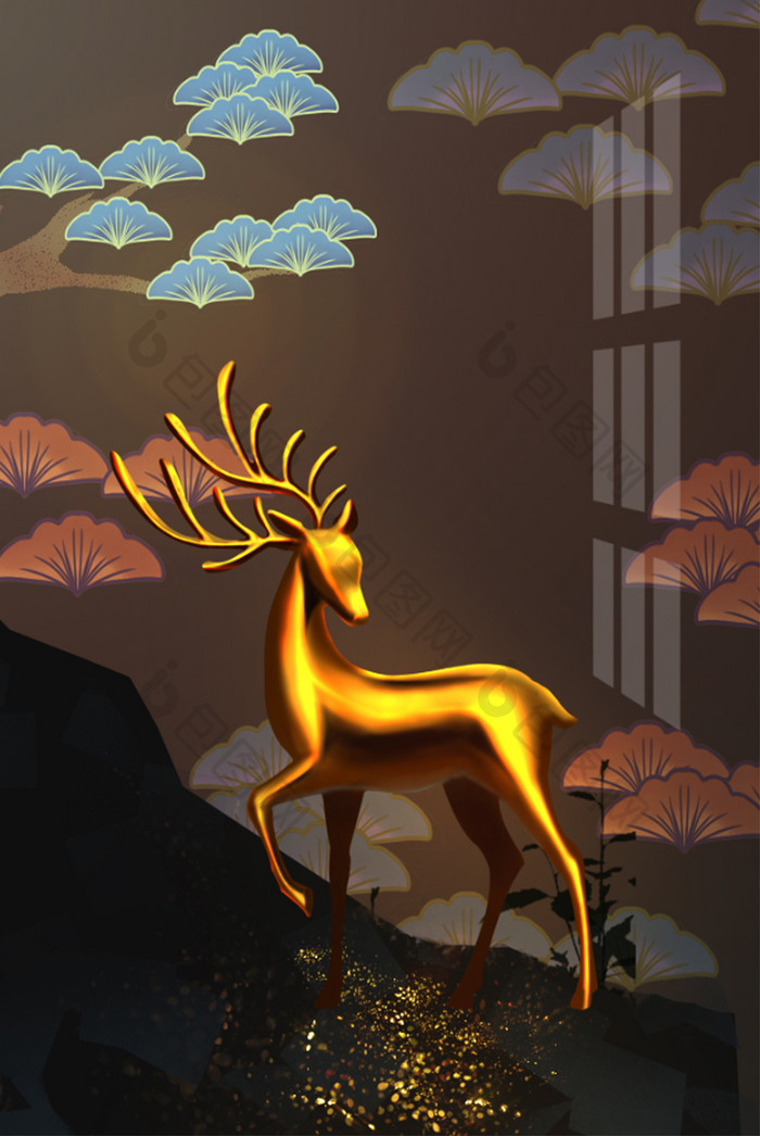 新中式银杏叶鎏金麋鹿装饰画