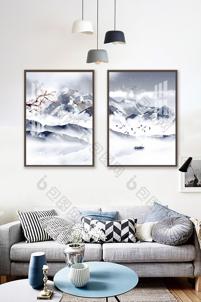 新中式国潮雪景场景落雪装饰画