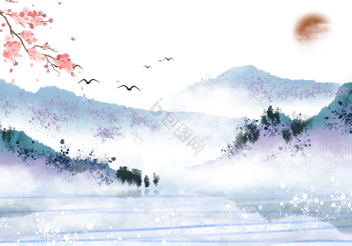 中式山水梅花雪景元素背景装饰画图片