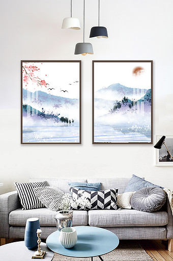 中式山水梅花雪景元素背景装饰画图片