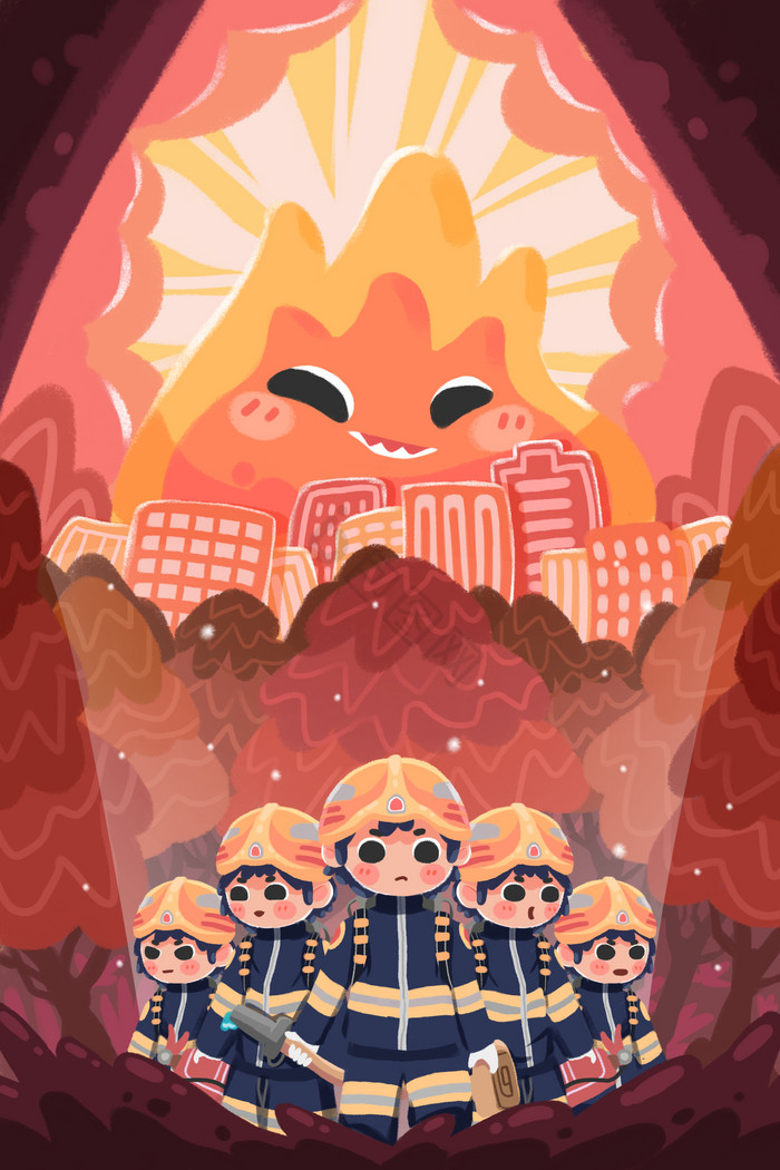 秋季森林城市消防儿童插画图片