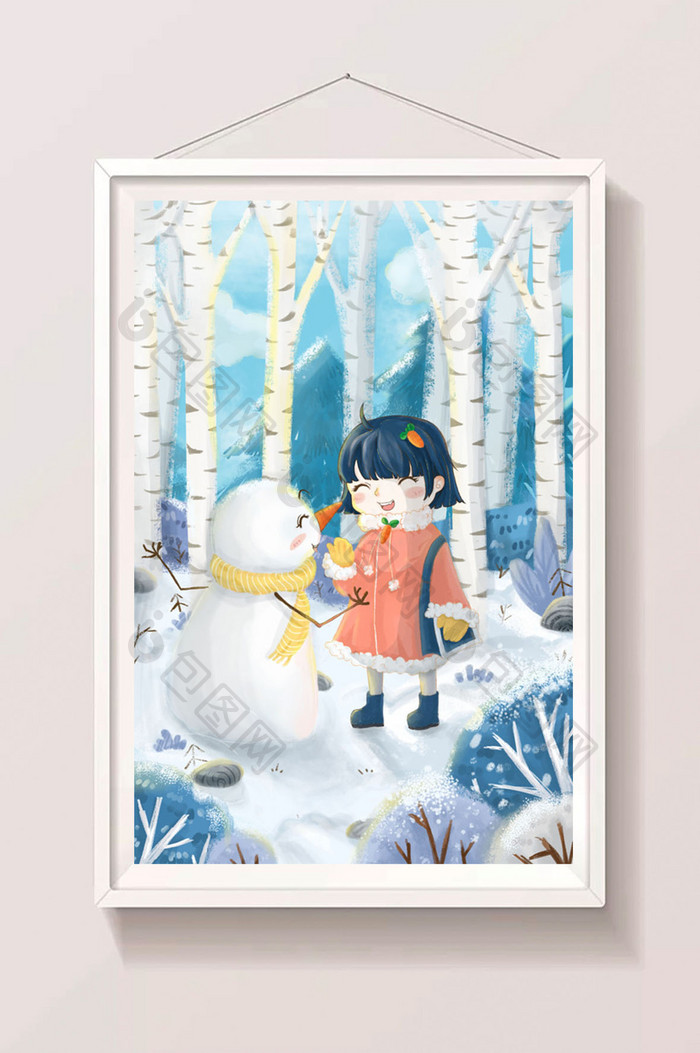 蓝色温馨雪娃娃与女孩嬉戏场景插画