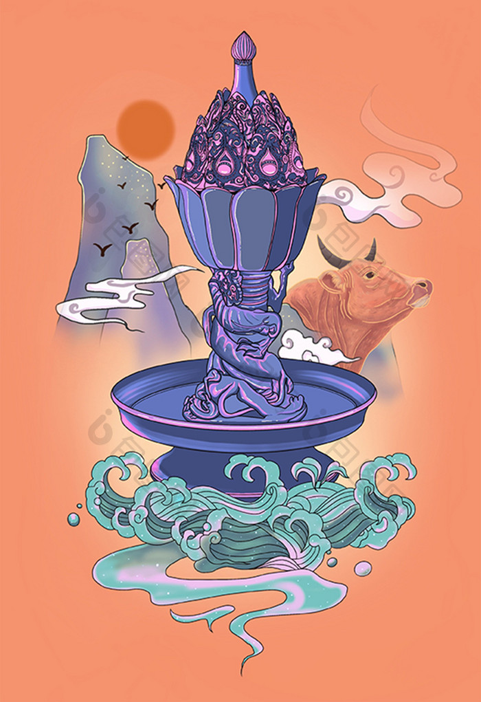 紫色香炉云雾山水融合插画图