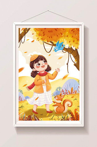 黄色秋季树下女孩松鼠与小鸟秋天落叶插画图片