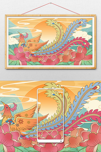 中国风国潮传统绘画元素背景凤凰牡丹插画图片