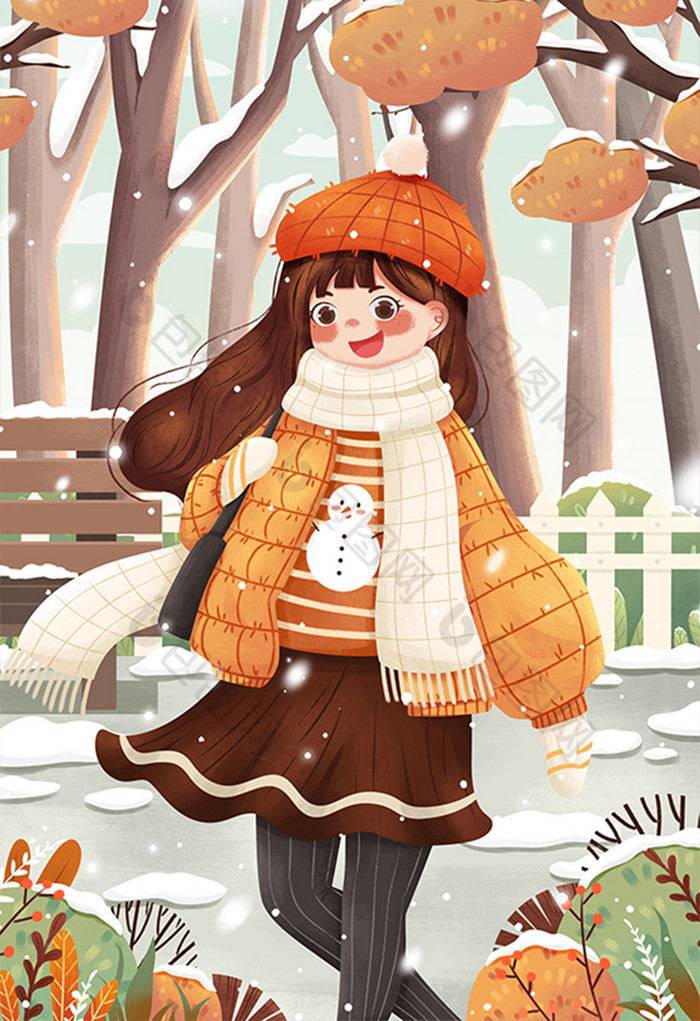 二十四节气小雪女孩冬季雪地插画