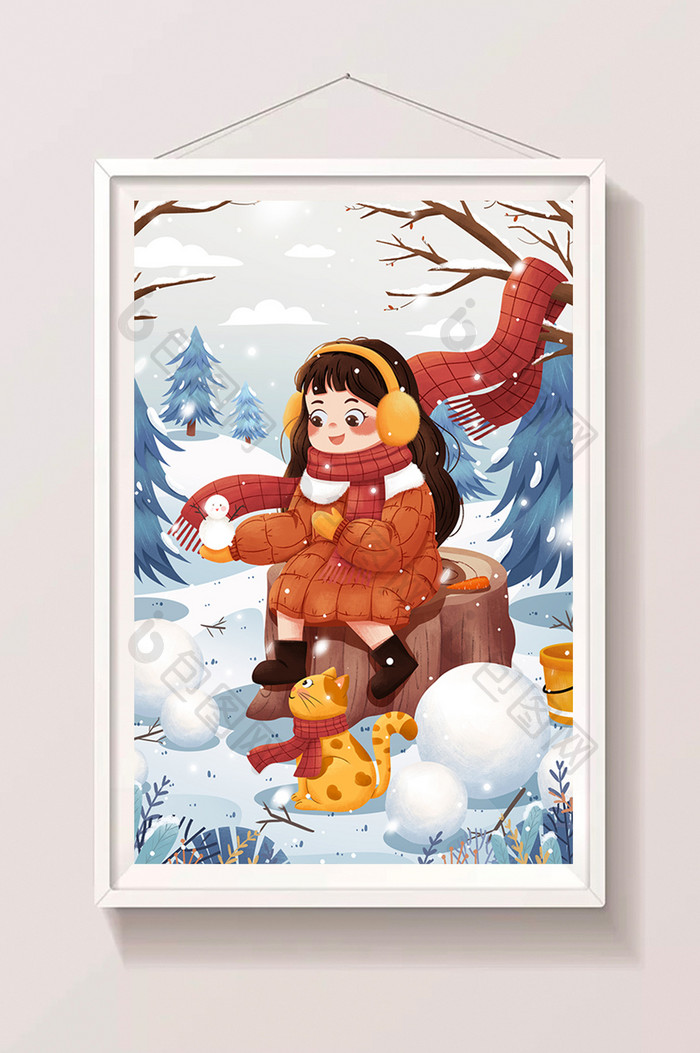 冬季女孩与猫雪地雪球堆雪人小雪大雪插画