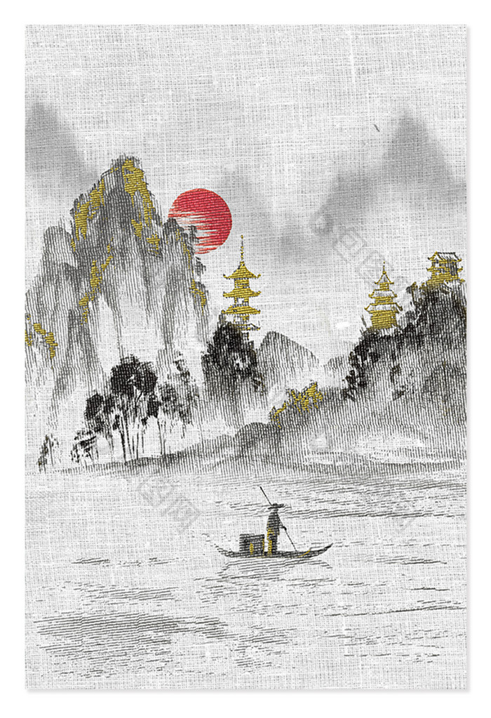 古风传统中华刺绣高山流水渔船背景