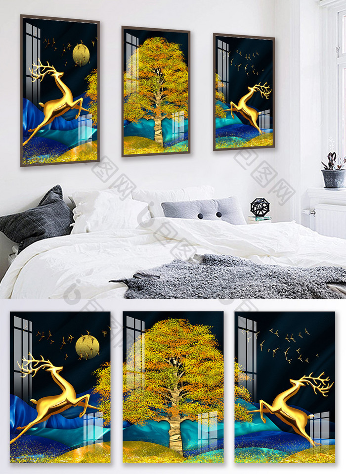 新中式抽象金色发财树麋鹿山水装饰画
