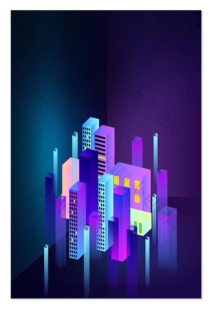 紫色炫酷科技城市3D空间感背景