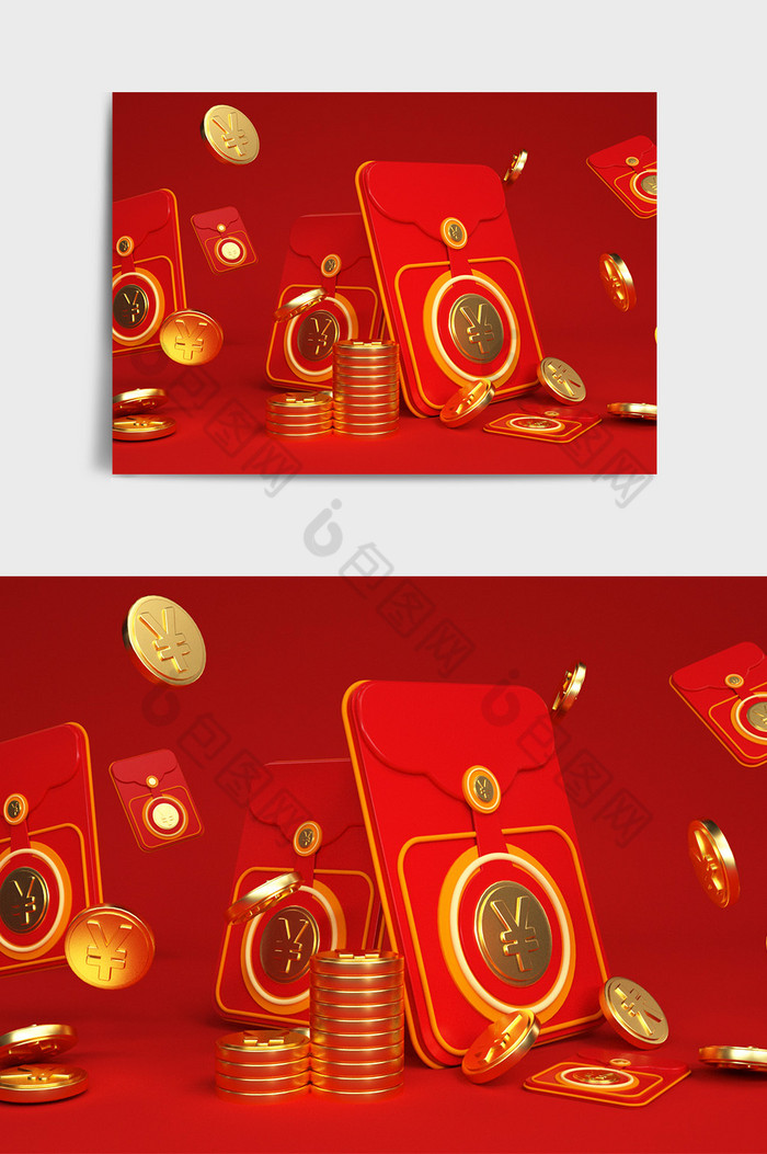 红金色系红包金币主题C4D创意场景图片图片