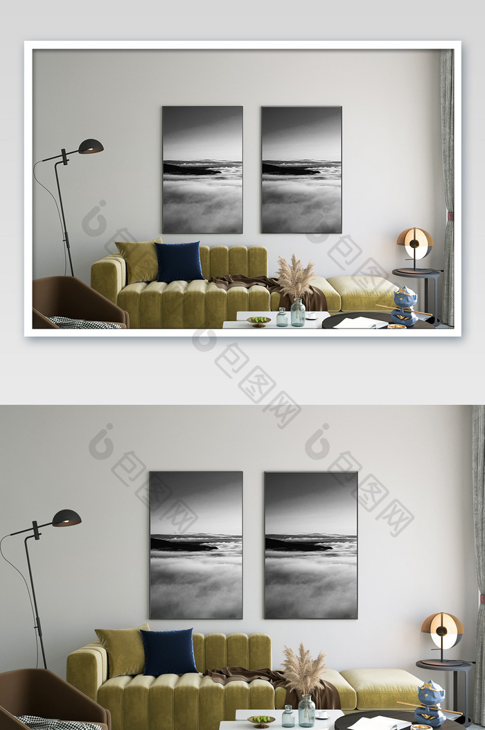 现代简约风格的客厅沙发背景墙装饰画样机