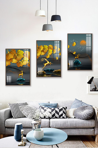 新中式轻奢银杏麋鹿山水装饰画图片