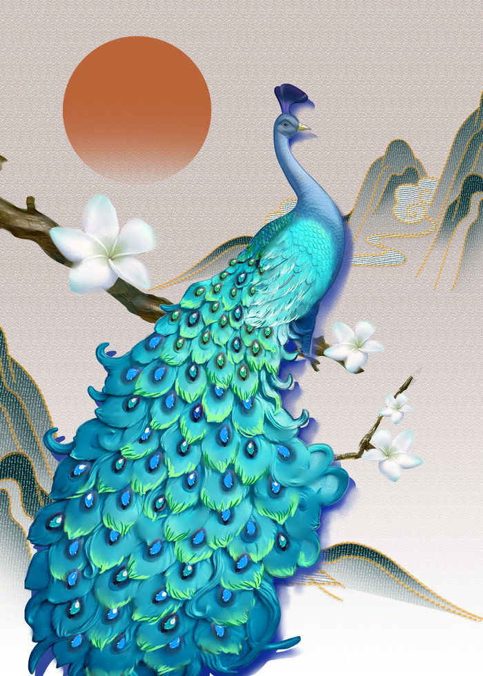 新中式孔雀山水装饰画图片